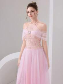 Poshira 女士优雅网眼拼布露背舞会礼服 - 粉色 - 查看 5