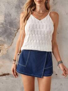 EMERY ROSE Shorts de falda vaquera de verano para mujer con bolsillo con abertura y pespunte de contraste - Azul lavado oscuro - Ver 8