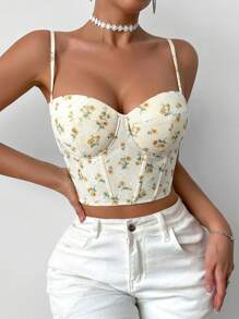 VaVaBold 夏季假日花卉印花蕾丝紧身胸衣鱼骨结构修身吊带背心图案 T 恤女式上衣