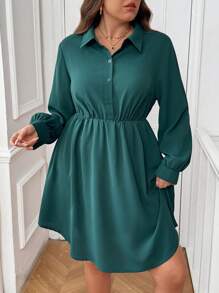 SHEIN Frenchy Plus Size Waist Cinched Green Casual Dress, Fashion Versatile Must-Have For Plus Size Women Everyday & Outings - Dark Green - View 3