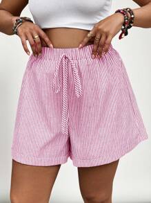 SHEIN VCAY Plus Size Women Loose Casual Elastic Waist Striped Shorts