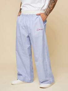 EASEVO Quần dài thêu chữ kẻ sọc dọc thường ngày cỡ lớn cho nam - Màu xanh lam - Xem 1