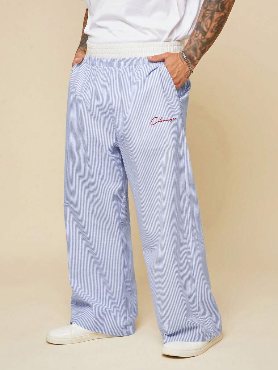 EASEVO Quần dài thêu chữ kẻ sọc dọc thường ngày cỡ lớn cho nam - Màu xanh lam - Xem 1