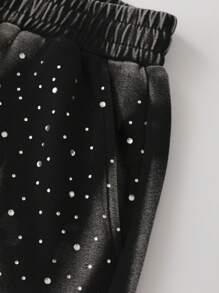 ROMWE MEN Street Life Men's Distressed Rhinestone Embellished Denim Shorts - Black - View 4