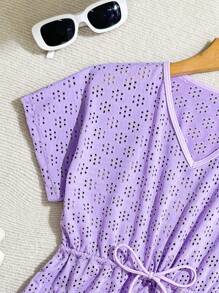 Tween Girl Tassel Decor Drawstring Waist Beach Cover Up Purple Beach Dress Tween Beach Dress Teen Beach Cover Up Kids Swim Cover Up - Purple - View 6