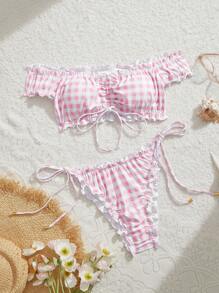 SHEIN MOD 1pc Ruffled Off Shoulder Top With Bowknot Triangle Bottom 2 Pieces Swimsuit, Pink, Cute, Kawaii - Pink - View 1