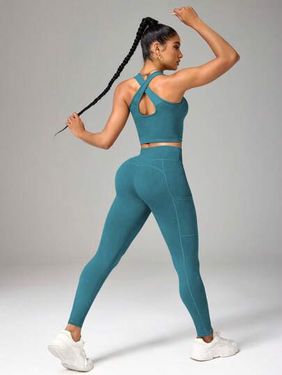 Easithlete Women's Solid Color Crisscross Back Top And Leggings Sports Set Workout Women Sets