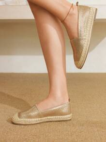 Styleloop Women's Woven Rope Platform & Wedge Slip-On Shoes, Boho Style, Retro American Western Music Festival Party Outfit, Thick Sole - Gold - View 2