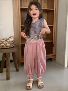 DAZY 2Pcs/Set Young Girls Round Neck Sleeveless Striped T-Shirt + Wide Leg Culottes, Outfit,Girls Summer Outfits - Mauve Purple - View 4