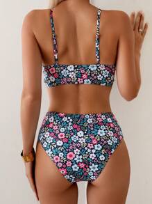 Swim Lushoire 女式碎花高腰分体比基尼两件套，夏季海滩休闲装 - 彩色 - 查看 2