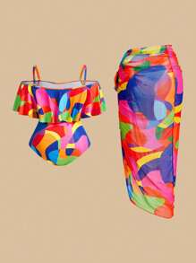 Swim Oasis Plus Size Geometric Print One Piece Swimsuit Set For Summer Beach Vacation - Multicolor - View 3