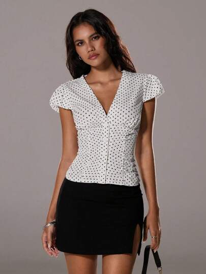 TRNVIE Women's Summer Polka Dot Print Puff Sleeve Fitted Blouse Top