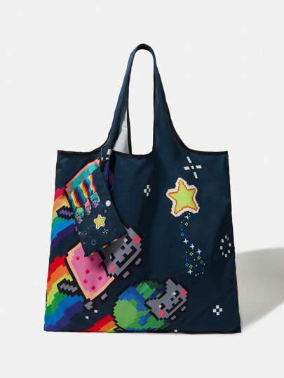 Nyan Cat X SHEIN 1 st vikbar tygväska med pentagramtryck och tecknad design för kvinnor