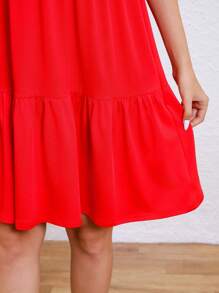SHEIN Casual Solid Color Short Sleeve Mini Dress, Versatile For Summer - Red - View 6