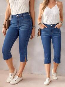 EMERY ROSE 女士休闲开衩七分牛仔裤