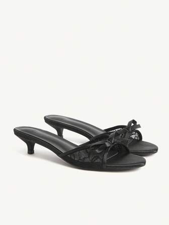 CUCCOO CHICEST Women's Summer New Arrival Bow Round Toe Kitten Heel Elegant Sweet Romantic Black Satin Mesh Patchwork Sandals Slide Sandals, Suitable For Afternoon Tea, Date, Elegant Outfit, Vacation