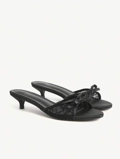 CUCCOO CHICEST Women's Summer New Arrival Bow Round Toe Kitten Heel Elegant Sweet Romantic Black Satin Mesh Patchwork Sandals Slide Sandals, Suitable For Afternoon Tea, Date, Elegant Outfit, Vacation For Christmas