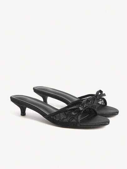 CUCCOO CHICEST Dam Sommar Ny Ankomst Rosett Rund Tå Kitten Heel Elegant Söt Romantisk Svart Satin Mesh Patchwork Sandaler Glidsandaler, Lämplig För Afternoon Tea, Dejt, Elegant Outfit, Semester