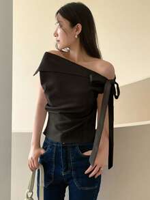 DAZY Women's Summer Casual Solid Color Off-Shoulder Tie Neck T-Shirt - Black - View 5