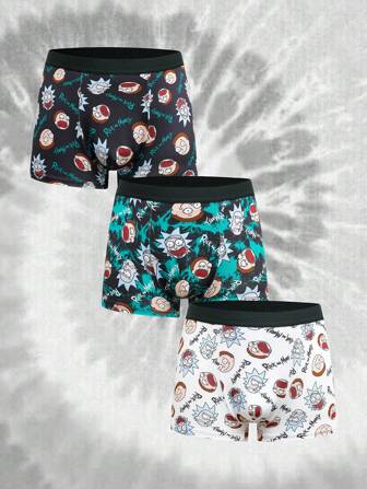 Rick and Morty X SHEIN 3pcs Men's Black & White & Green Comfortable Contrast Cartoon Face Print Trunk, Basic Casual Boxer Brief, Men Boxers Pack