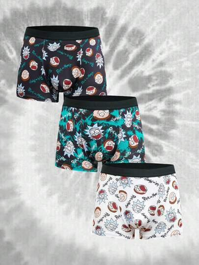 Rick and Morty X SHEIN 3pcs Men's Black & White & Green Comfortable Contrast Cartoon Face Print Trunk, Basic Casual Boxer Brief, Men Boxers Pack