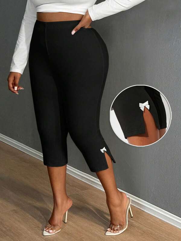 SHEIN SXY Damen Capri Leggings in Große Größen für Frühling & Sommer, elegant, sexy, basic, einfarbig, mit Schleifen-Saum, Jogginghose, geeignet für westliche Kleidung, Kreuzfahrtgarderobe, Musikfestivals, Konzerte, Karnevalsfeiern