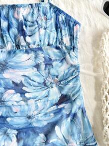 青少年女孩蓝白水彩印花领结前部装饰连衣裙，适合节日 - 藍白色 - 查看 4