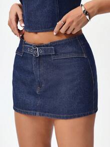 Jeanoix Váy denim cạp thấp mini cài nút giản dị cho nữ dạo phố - Rửa tối - Xem 4