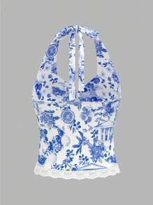 SHEIN MOD Damen Vintage Blau & Weiß Blumen Figurbetontes Trägerhemd - Blau-Weiß - Übersicht 2