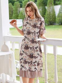 SHEIN Cartoon Bear Print Flounce Hem Women Casual Nightgown For Women Summer, Moo Moo - Multicolor - View 5
