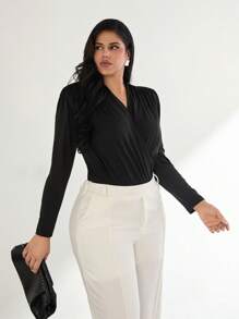 SHEIN Privé Mono de una pieza cómodo, casual y elegante con hombros acolchados y drapeado, adecuado para ir al trabajo y salir, otoño e invierno, talla grande - Negro - Ver 6