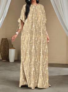 SHEIN Lady 节日连衣裙加大码热销钻石印花短袖女式长袍宽松垂坠节日新娘送礼会礼服沙滩女式高腰修身长裙 - 金色 - 查看 4
