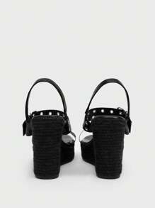 Sugerpunk Women's Platform Wedge Sandals, Round Toe, Black, Straw Woven Rope Sole, Open-Toe, Strap, Rivet Decor, Summer, Vacation Style - Black - View 11