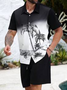 Manfinity RSRT Conjunto de camisa y pantalones cortos negros con degradado y estampado de palmeras para hombre de talla grande, atuendo de vacaciones
