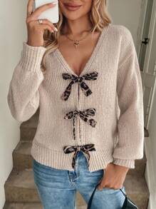 SHEIN LUNE Women's Casual Leopard Print Tie Front Cardigan, Winter&Autumn,Bow Sweater - White - View 3