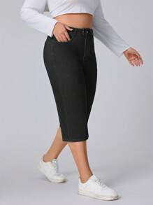 Flexra Plus Size Women Elastic Casual Straight Leg Capri Jeans - Dark Grey - View 3