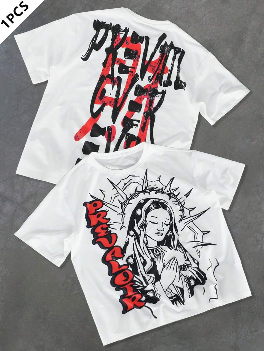 Manfinity EMRG Men's Ribbed Collar Short Sleeve T-Shirt With Large Virgin Mary Front & Back Print, Graphic Tee - White - View 1