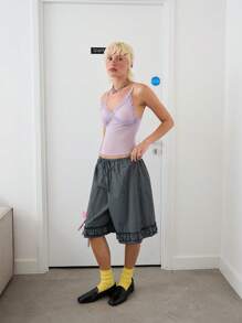 COUREZ 格纹荷叶边百慕大短裤/女士夏季穿搭/夏季休闲外出装/Y2K度假风100%纯棉 - 寶藍色 - 查看 2