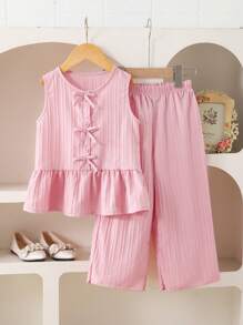 2pcs/Set Young Girls Summer Solid Color Single-Breasted Bowknot Ruffle Hem Vest Top And Solid Color Long Pants, Simple And Commuting Outfit Young Girls Clothing Sets Two Pieces - Pink - View 1