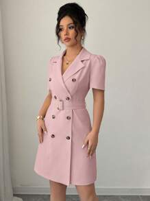 Selianne Blazer Collar Laced Waistline Double-Breasted Puff Sleeve Dress - Pink - View 4