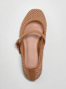 Solezae 女士方头渔夫编织玛丽珍扣带芭蕾平底鞋 - 紫紅色 - 查看 4