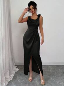 Elenzga Vestido de satén con cintura recogida, sin mangas, estampado floral, abertura alta, elegante y grácil para fiestas de primavera/verano, eventos formales, uso diario