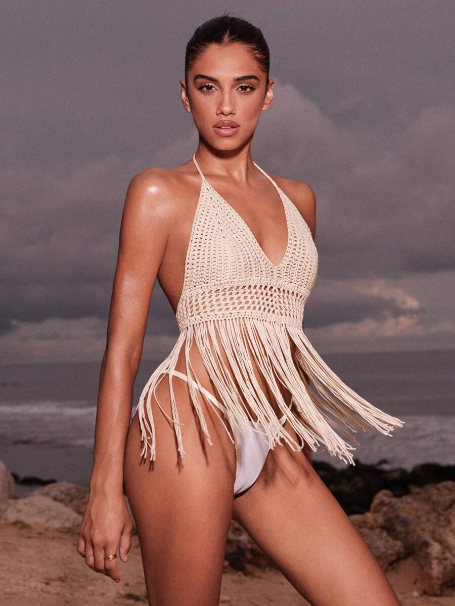 Opulessa Áo choàng đi biển hở lưng viền tua rua khoét rỗng cho kỳ nghỉ hè trên bãi biển - Màu be - Xem 1