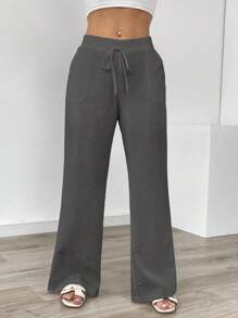 SHEIN PETITE Pantalones de lino casuales y elegantes para vacaciones de mujer - Gris Oscuro - Ver 5