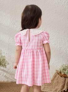 Blossori Baby Girls Countryside Style Pink Plaid Patchwork Collar Puff Sleeve Dress