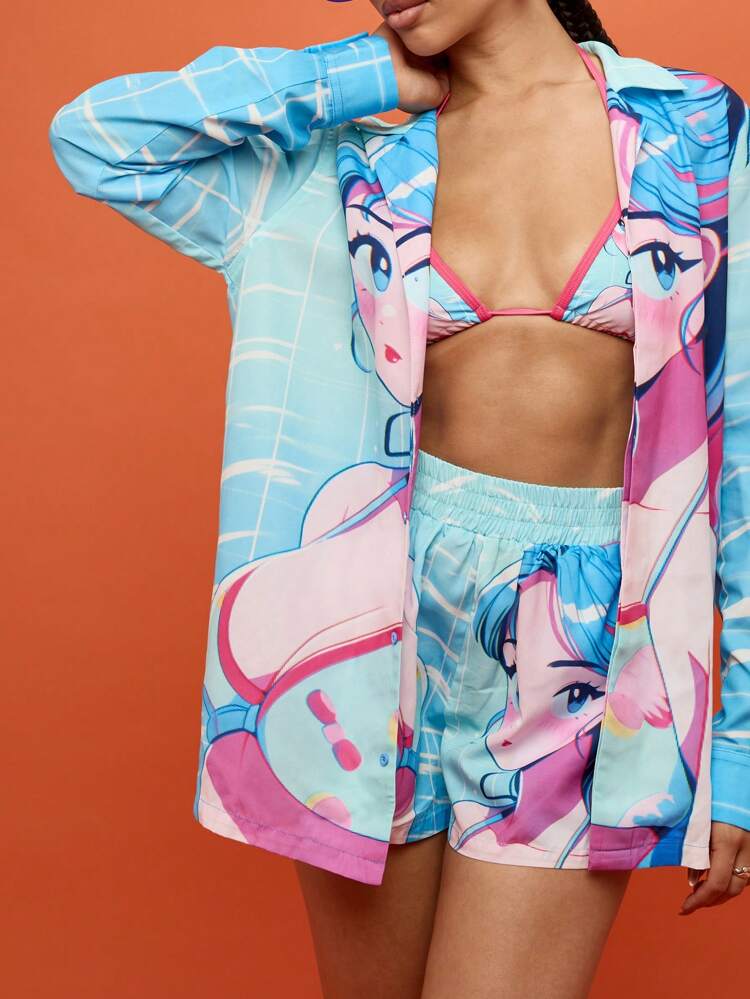 SUMWON WOMEN Anime Inspired Graphic Print Button Down Blouse