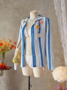 Bellisia Kimono de cobertura elegante con bolsillo delantero con estampado floral y de rayas para mujer, perfecto para vacaciones