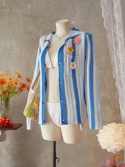 SHEIN Swim 女士优雅节日花卉条纹前口袋和服罩衫