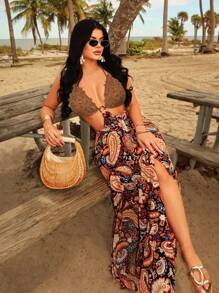 SHEIN SXY 女式无袖露背佩斯利印花高开衩长裙，蕾丝吊带领和镂空装饰，适合春夏海滩度假 - 鏽棕色 - 查看 1