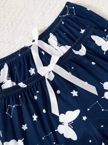 SHEIN 3pcs Women Butterfly & Galaxy Print Pajama Set 3 Pieces Pajama Set Butterfly Print Pajama Set Women Pajama Set Cute Sleep Set Summer Sleepwear Set - Navy Blue - View 3